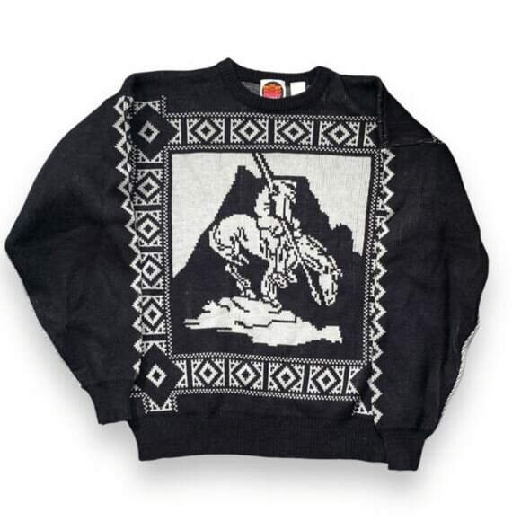 Vintage 1980s Miller Outerwear End of the Trail Sweater XL Black White Native - Picture 1 of 7